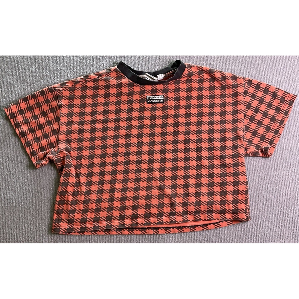 Adidas Houndstooth Red Black Cropped Short Sleeve Women's T-Shirt XS